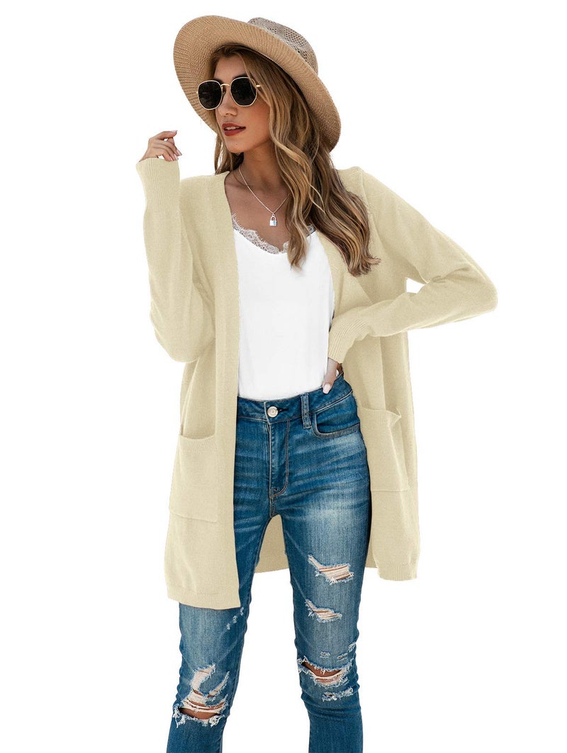 TASAMO Women's Long Sleeve Soft Sweater Open Front Cardigan Outwear with Pockets (Medium,Beige) - Image 3